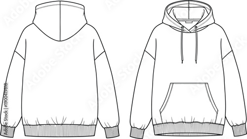 Technical fashion sketch of women's oversized hoodie, cropped sweatshirt, drawstring shorts, belted trousers, long winter overcoat, and buttoned shirt 
