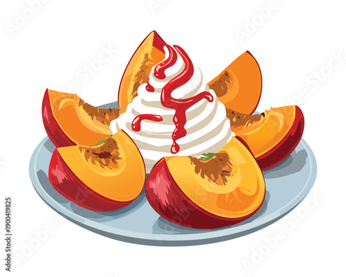 Freshly sliced peaches topped with whipped cream and strawberry sauce served on a blue plate - Vector Illustration