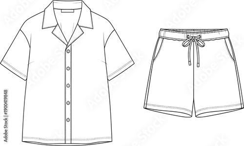 Technical Flat Sketch of Men's Summer Pajama Set Including Short Sleeve Camp Collar Shirt and Elastic Waistband Drawstring Shorts Vector Outline Template.