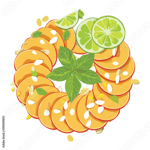 Sliced fresh peaches arranged in a circle with lime and mint garnish on a white plate - Vector Illustration