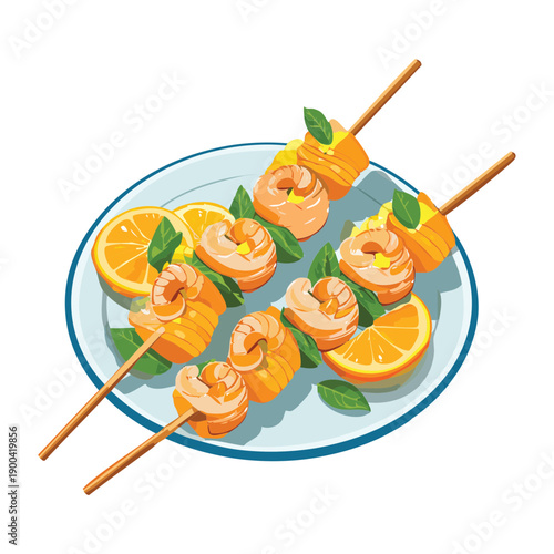Seafood skewers with grilled shrimp and citrus oranges served on a plate for a summer party - Vector Illustration