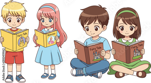 Colorful cartoon vector set of diverse young boys and girls sitting and standing while reading fairy tale storybooks for early childhood literacy and education concepts