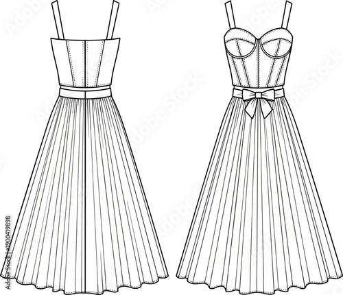 Technical Sketch of a Corset Style Bustier Midi Dress Featuring Pleated Skirt with Bow Waist Detail for Fashion Design Template