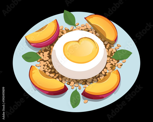 Soft poached egg served with peach slices and granola on a blue plate for a healthy breakfast - Vector Illustration