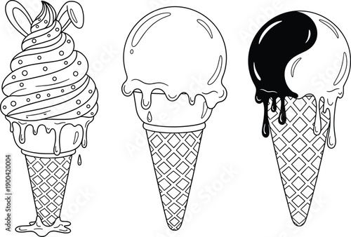 Three black and white ice cream cone vector illustrations featuring soft serve swirl, melting scoops, and chocolate dipped flavors for coloring books and summer menus.