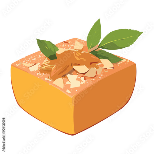 Individual apricot mousse dessert garnished with fresh mint leaves and almonds on a soft yellow background - Vector Illustration