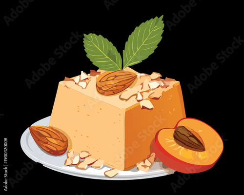 Square apricot mousse cake topped with crushed almonds and fresh fruit slices for a gourmet dessert - Vector Illustration