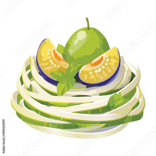 Healthy spiralized vegetable salad with fresh plums and mint leaves served in a gourmet restaurant bowl - Vector Illustration