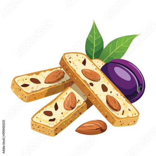 Italian almond biscotti cookies with fresh purple plums for a healthy afternoon tea time snack - Vector Illustration