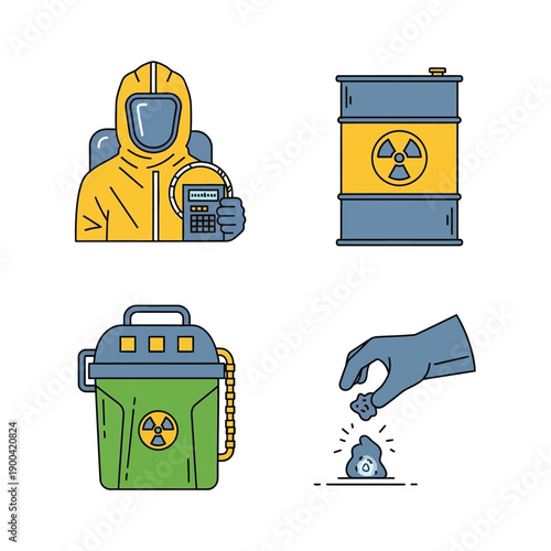 Set of four line art icons depicting radiation safety, hazardous waste, and radioactive materials, including a hazmat suit, barrel, container, and glowing rock.