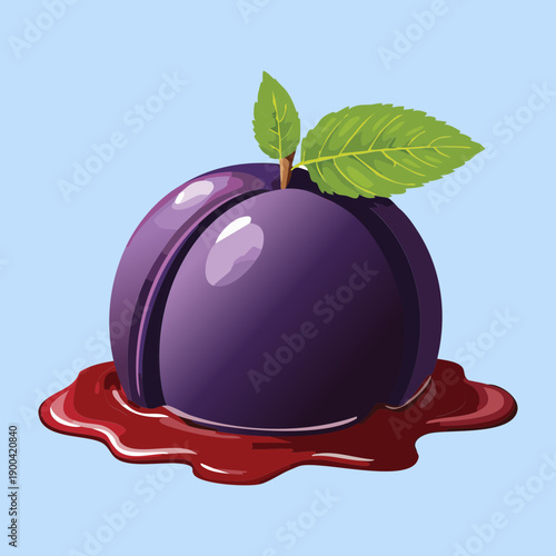 Large fresh purple plum fruit on sweet red sauce garnished with mint leaves for healthy dessert - Vector Illustration