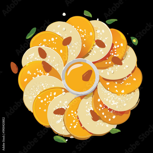 Circular display of sliced peaches with mint and nuts perfect for a healthy fruit salad recipe - Vector Illustration