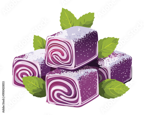 Traditional purple grape turkish delight cubes covered in powdered sugar and garnished with fresh green mint - Vector Illustration