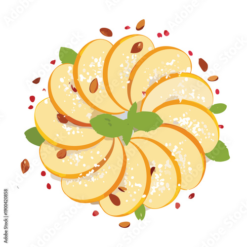 Beautiful floral pattern of peach slices and mint leaves arranged on a white plate for breakfast - Vector Illustration