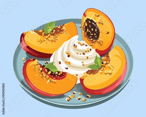 Freshly cut peach wedges with whipped topping and walnut sprinkles served on a blue ceramic plate - Vector Illustration