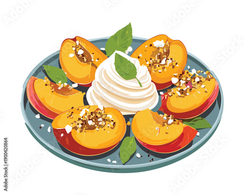 Platter of sliced peaches topped with whipped cream and crushed nuts for a healthy summer treat - Vector Illustration