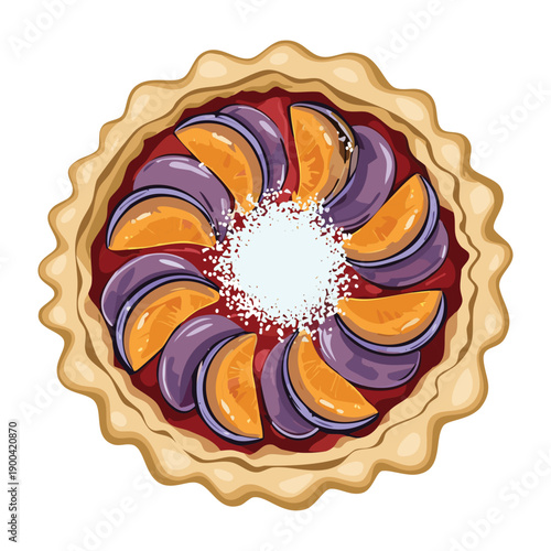 Homemade fruit tart filled with plums and peaches topped with powdered sugar on golden crust base - Vector Illustration