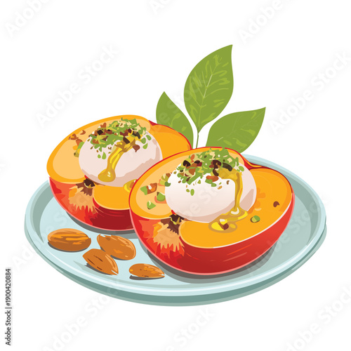 Sweet ripe apricot halves decorated with whipped cream and almonds served as a refreshing summer snack - Vector Illustration