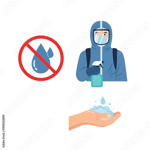 An illustration showing a 'no water' sign, a person in a hazmat suit spraying, and a hand with soap suds for hygiene and sanitation.