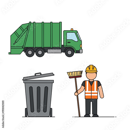 Illustration of a green garbage truck, a trash can, and a sanitation worker with a broom, representing waste management and city cleaning services.