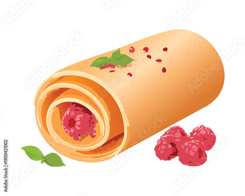 Long pastry roll with fresh raspberries for sweet gourmet bakery dessert and snack menu design - Vector Illustration