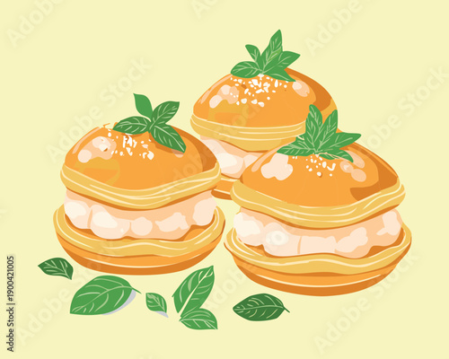 golden cream puffs with mint garnish for sweet gourmet bakery dessert and snack menu - Vector Illustration
