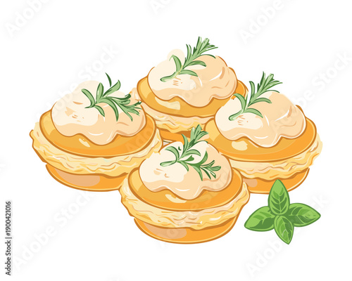 cream puffs with vanilla filling and herbs for gourmet bakery dessert shop display - Vector Illustration
