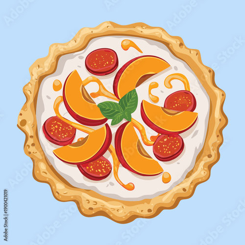 Sweet fruit pizza with peach slices and berries for unique tropical dessert and bakery menu - Vector Illustration