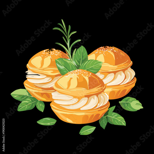 Trio of cream puffs with orange filling and rosemary for gourmet bakery dessert collection menu - Vector Illustration