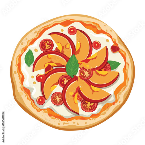Sliced peach and berry pizza for unique sweet tropical dessert and creative bakery menu item - Vector Illustration
