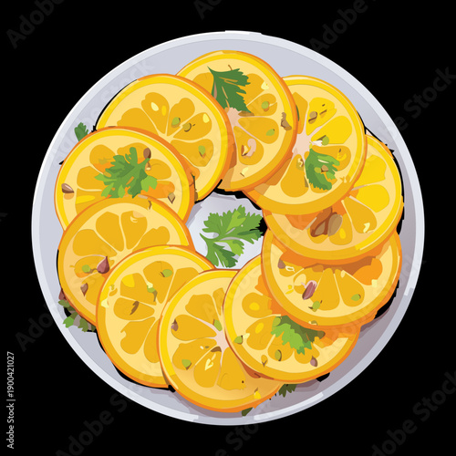 Round fruit platter with sliced orange and herbs for healthy organic summer party snack menu - Vector Illustration