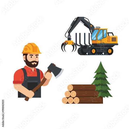 Illustration depicting a lumberjack, logging machinery, cut logs, and a pine tree, representing the forestry industry.