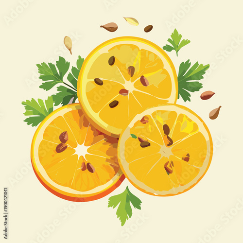 Sliced citrus fruit platter with herbs for healthy organic vitamin rich summer breakfast snack menu - Vector Illustration