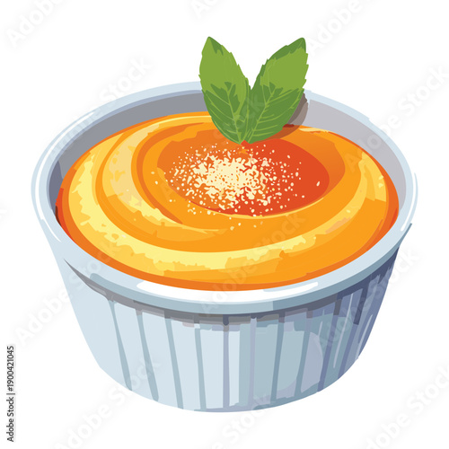 Bowl of orange fruit puree with mint garnish for healthy refreshing tropical summer snack menu - Vector Illustration