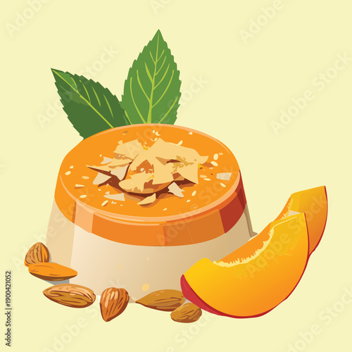 Small orange custard pudding with peach and nuts for healthy gourmet sweet snack and dessert - Vector Illustration