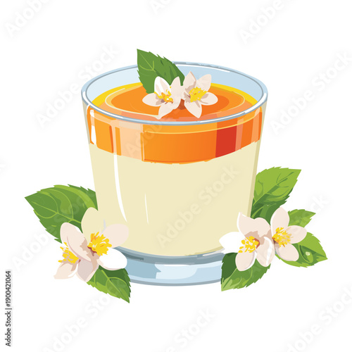 Glass of orange fruit mousse with white flowers for elegant tropical summer dessert menu design - Vector Illustration