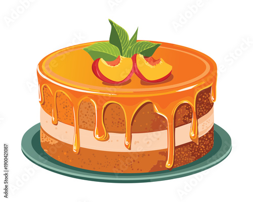 Delicious layered orange cake with caramel frosting and peach for sweet bakery shop window display - Vector Illustration