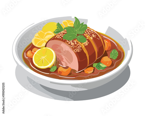 Sliced roasted meat with savory sauce and lemon for gourmet restaurant main course dinner menu - Vector Illustration