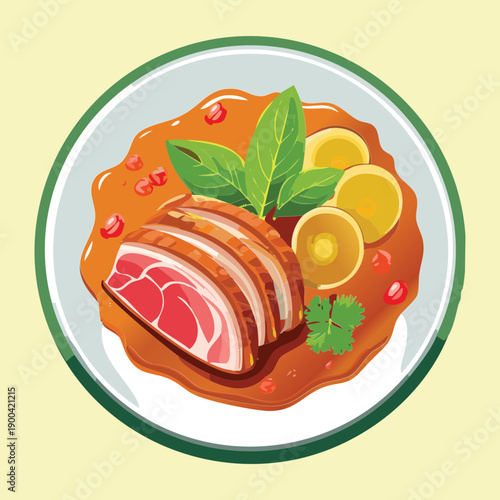 Braised meat slices in savory gravy with potatoes and herbs for hearty traditional dinner meal - Vector Illustration