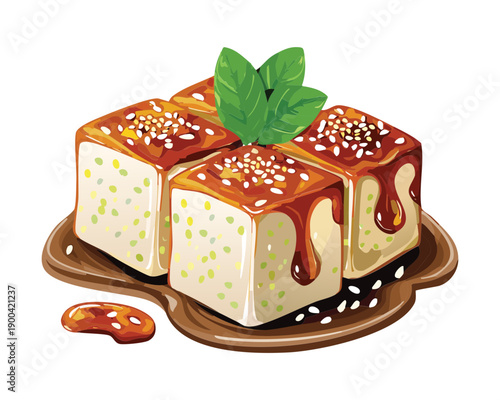 Steamed tofu cubes topped with sesame seeds and savory sauce for traditional asian culinary dish - Vector Illustration