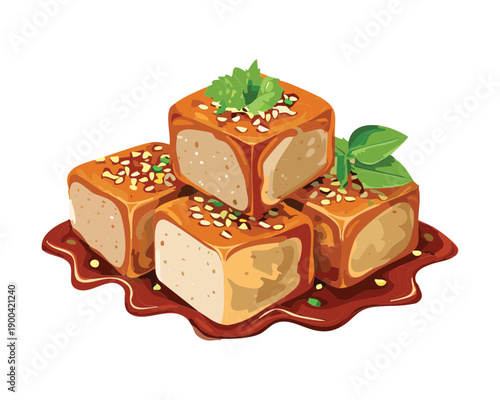 Plate of grilled tofu cubes with savory brown sauce and green herbs for healthy vegetarian meal - Vector Illustration