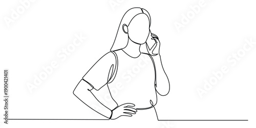 Woman talking on smart phone one continuous line art, Vector illustration, One line art, Line art graphic style