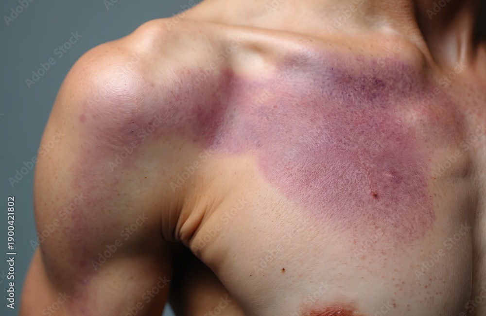Naklejka premium Large bruise covers man chest and shoulder area. Discoloration shows skin injury from trauma or medical condition. Close-up view shows purple red splotches.
