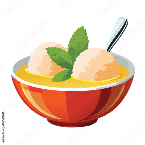 Bowl of sweet mango puree with rambutan and mint for refreshing tropical fruit soup dessert - Vector Illustration