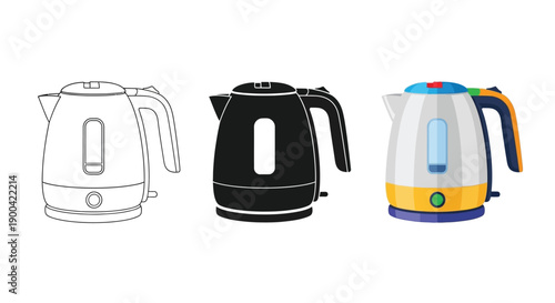 Collection of electric kettle icons displaying outline solid and full color flat design styles for cooking concepts