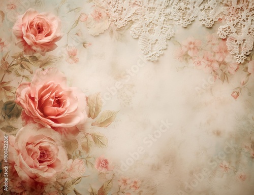 A beautiful floral background featuring soft pink roses intertwined with delicate lace patterns.