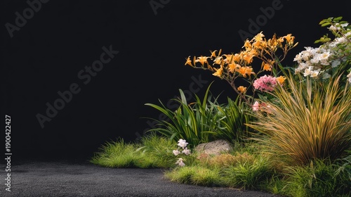 Vibrant Floral Arrangement with Lush Vegetation and Colorful Flowers on Dark Background