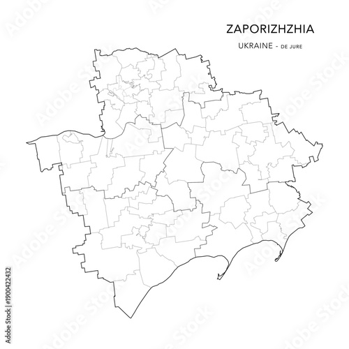 Vector Map of Zaporizhzhia Oblast De Jure with Administrative Subdivisions of Raions (Districts), Hromadas (Communities), and Urban Raions (City Districts) of Zaporizhzhia - Ukraine 2026