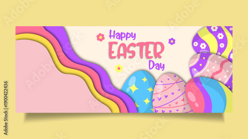 Happy Easter Day Celebration Banner with Colorful Eggs and Wavy Shapes
