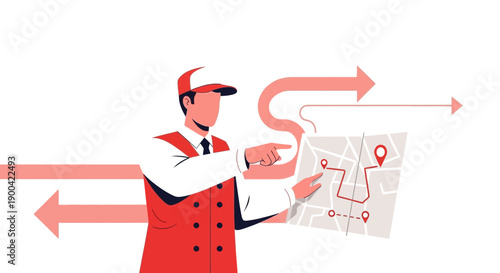 Delivery Person Planning Route With Map And Arrows